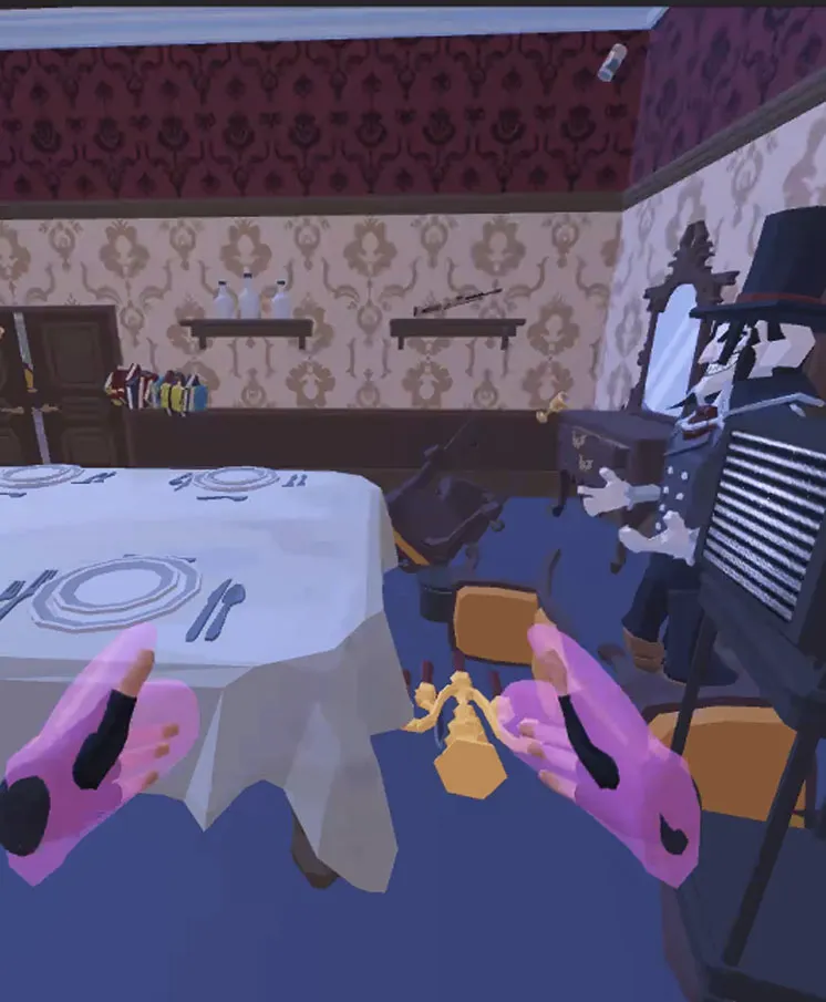 Detective GPT ChatGPT powered AI game murder mystery VR hands table detective TV cart